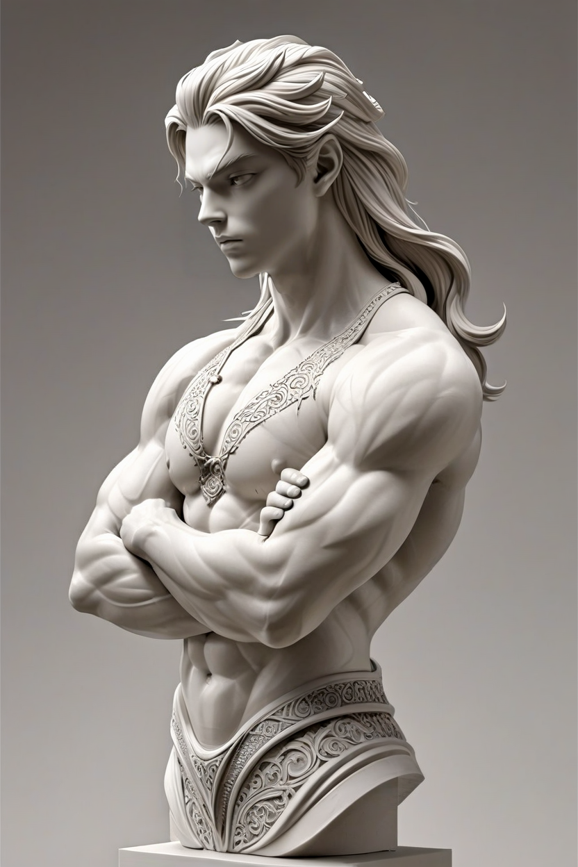 high-quality sculpting,ultra high res,intricate detailing,smooth surface finish,crisp edge definition,precise form accuracy,advanced depth and relief,high-fidelity structure,clean and refined shapes,well-balanced contrast,physically accurate proportions,subtle surface texture,masterful craftsmanship,
<lora:3DPrinting2XL-000001:0.8>,white model,3d printing,unpainted,monochrome,simple background,abstract, 1boy, solo, long hair, fierce expression, elaborate tattoos, fitted shirt, muscular arms crossed, strong stance, upper body, compelling aura.