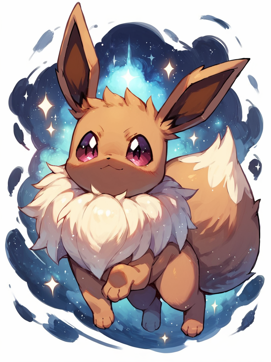 score_9, score_8_up, score_7_up, score_6_up, score_5_up, <lora:galaxyXLP:1> galaxy, eevee, white background, feral, solo
