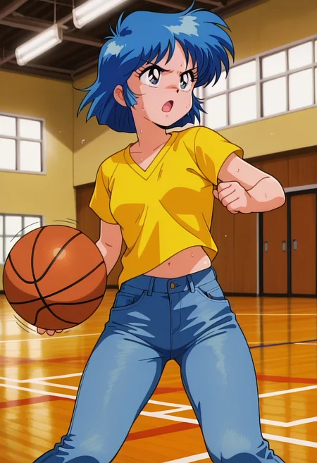 masterpiece, best quality, amazing quality, absurdres, retro artstyle, 1girl, solo, retro artstyle, hiroeww, blue eyes, blue hair, short hair, small breasts, t-shirt, jeans, <lora:Hiroe_Ogawa_Nageki_no_Kenkou_Yuuryouji_ill_v21:0.9>, playing sports, serious, open mouth, sweat, basketball, basketball \(object\), basketball court, dribbling \(basketball\), indoors, skindentation, detailed clothing folds, depth of field, sharp, high contrast, dynamic light