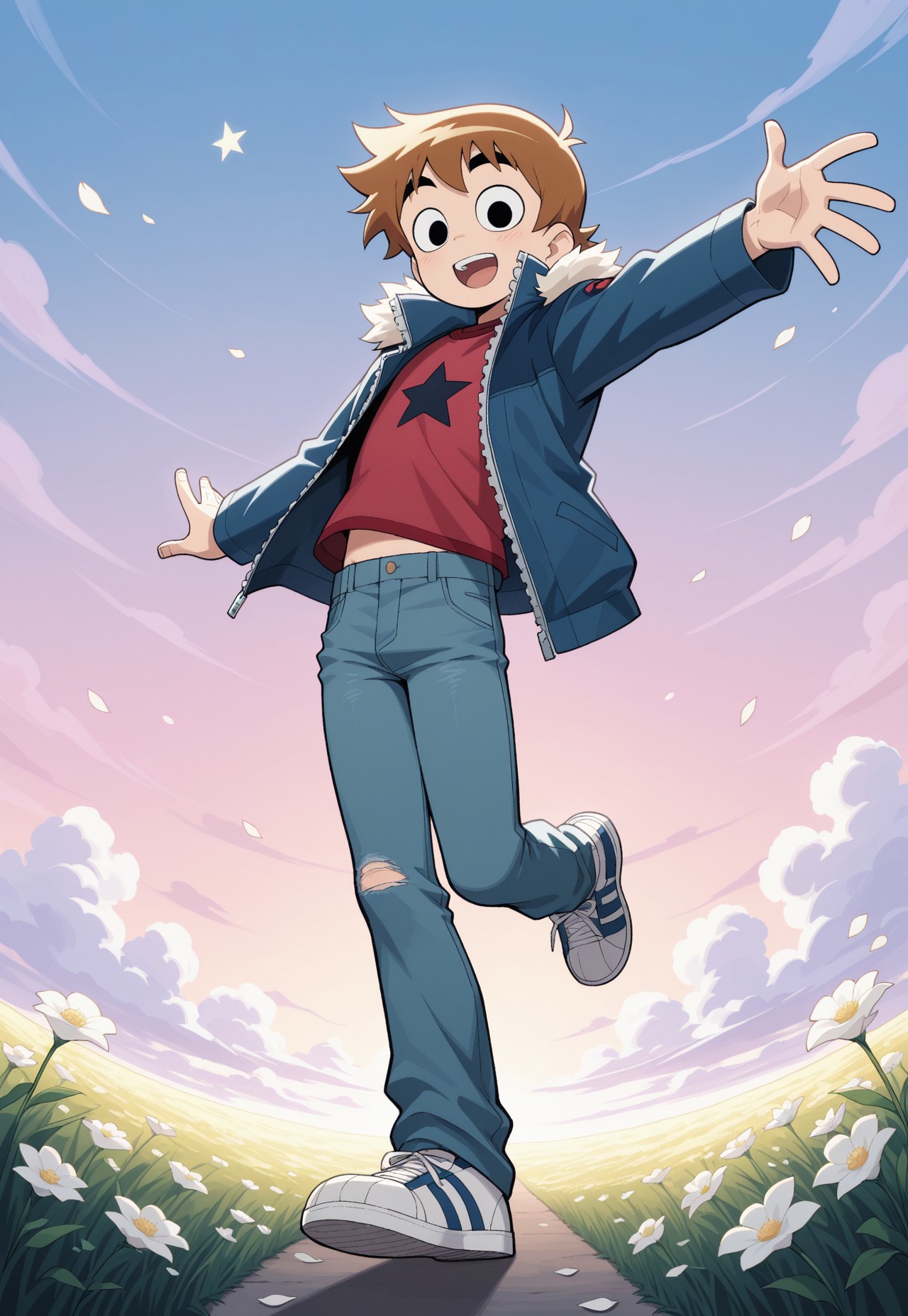 masterpiece,best quality,amazing quality, source_anime,

scotpilgr, 1boy, male focus, solo, open mouth, flower, smile, star (symbol), shoes, black eyes,  sky, full body, cloud, midriff peak, petals, brown hair, shirt, red shirt, jacket, blue jacket, fur trim, open jacket, jeans, shoes, sneakers