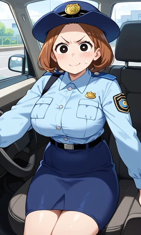 (1girl:1.5), (solo:1.3), (score_9, score_8_up, score_7_up, score_6_up, score_5_up, score_4_up), (source_anime), rating_questionable, looking at viewer, (cowboy shot:1.3),
<lora:dandanbara-teruyo_v1:1> (dandanbara-teruyo), (black eyes, brown hair, short hair), (plump face:1.5), (smile, angry), (policewoman, police uniform, blue shirt, collared shirt, long sleeves, belt, blue skirt, miniskirt, pencil skirt, police hat, blue headwear, shoes), (huge breasts),
in police car,
driving,