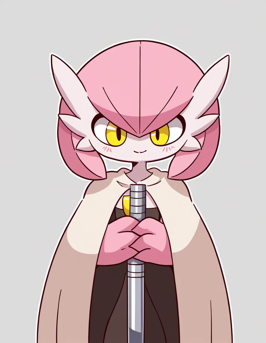 zPDXL, score_9, score_8_up, score_7_up, source_anime, 1girl, solo,
 <lora:diives_v2:1> diives, (portrait), <lora:Petunia_v2:0.8> petunia, pink hair, pokemon \(creature\), colored skin, gardevoir, short hair, white skin, flat chest, alternate color, yellow eyes,, happy, crossed_ankles, jedi wearing a heavy Jedi cloak,wide leather belt with compartments,worn-out Jedi boots,  meditation beads, holding a lightsaber with white blade