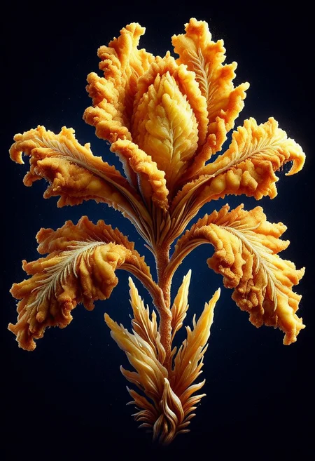 (sculpture iris flower made of deep fried & crispy breading:1.25), DFC, (breaded:0.3), perfect composition, elaborate, (ultra realistic:1.1), detailed background, masterpiece, best quality, highly detailed, hyper-detailed, uhd, vibrant colors, extremely detailed, exquisite detail, intricate, ultra-realistic, ultra-detailed, safe_pos