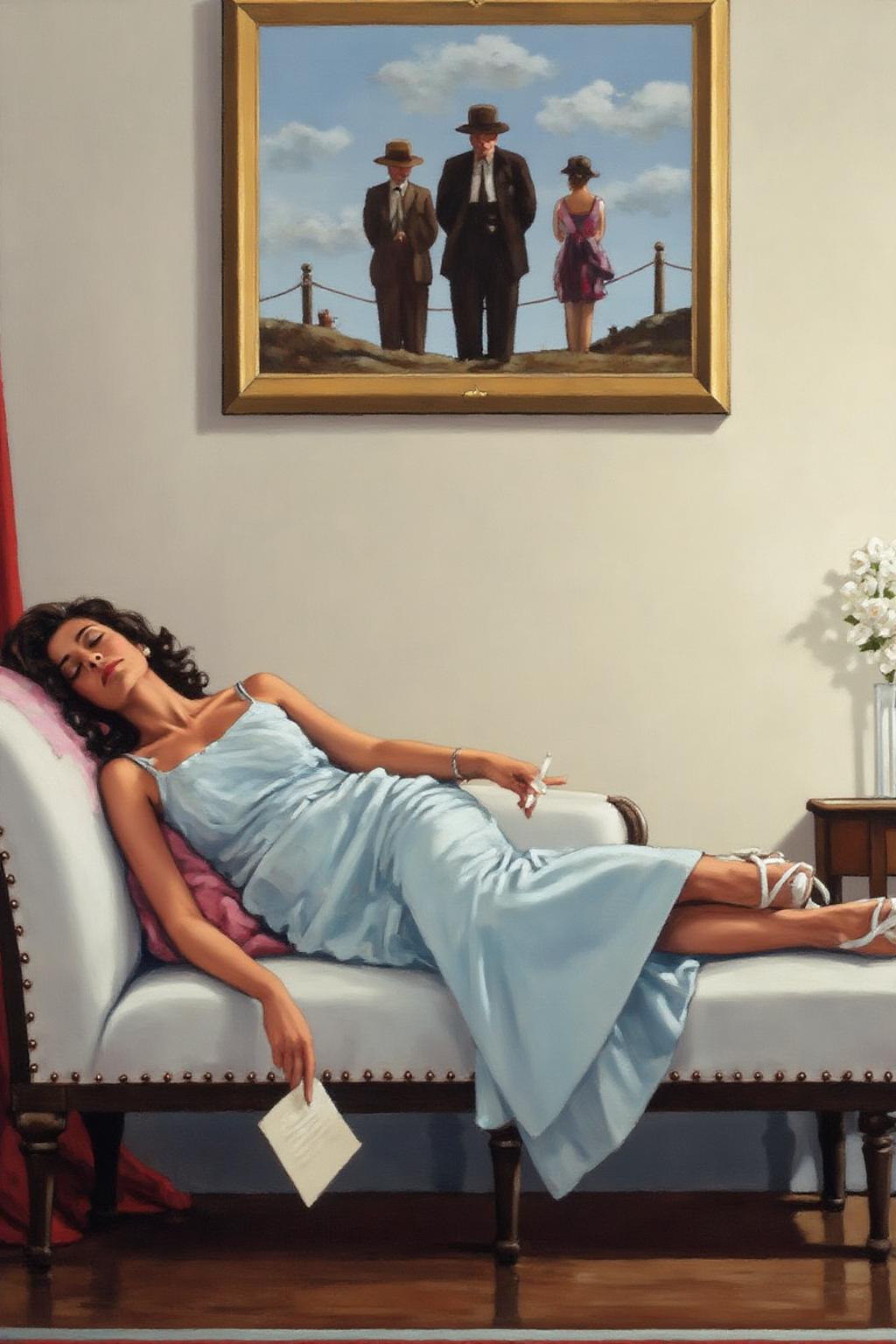 jackvettriano1 painting. 
A woman, her eyes closed, is lying on a white chaise lounge, wearing a light blue gown. She is holding a cigarette in one hand and a letter in the other. A painting of a group of people in a landscape is above the chaise. A small table with a vase of white flowers is on the right side. <lora:jackvettriano1_cap_d8a4e12:1.0><lora:851761277855365597:0>