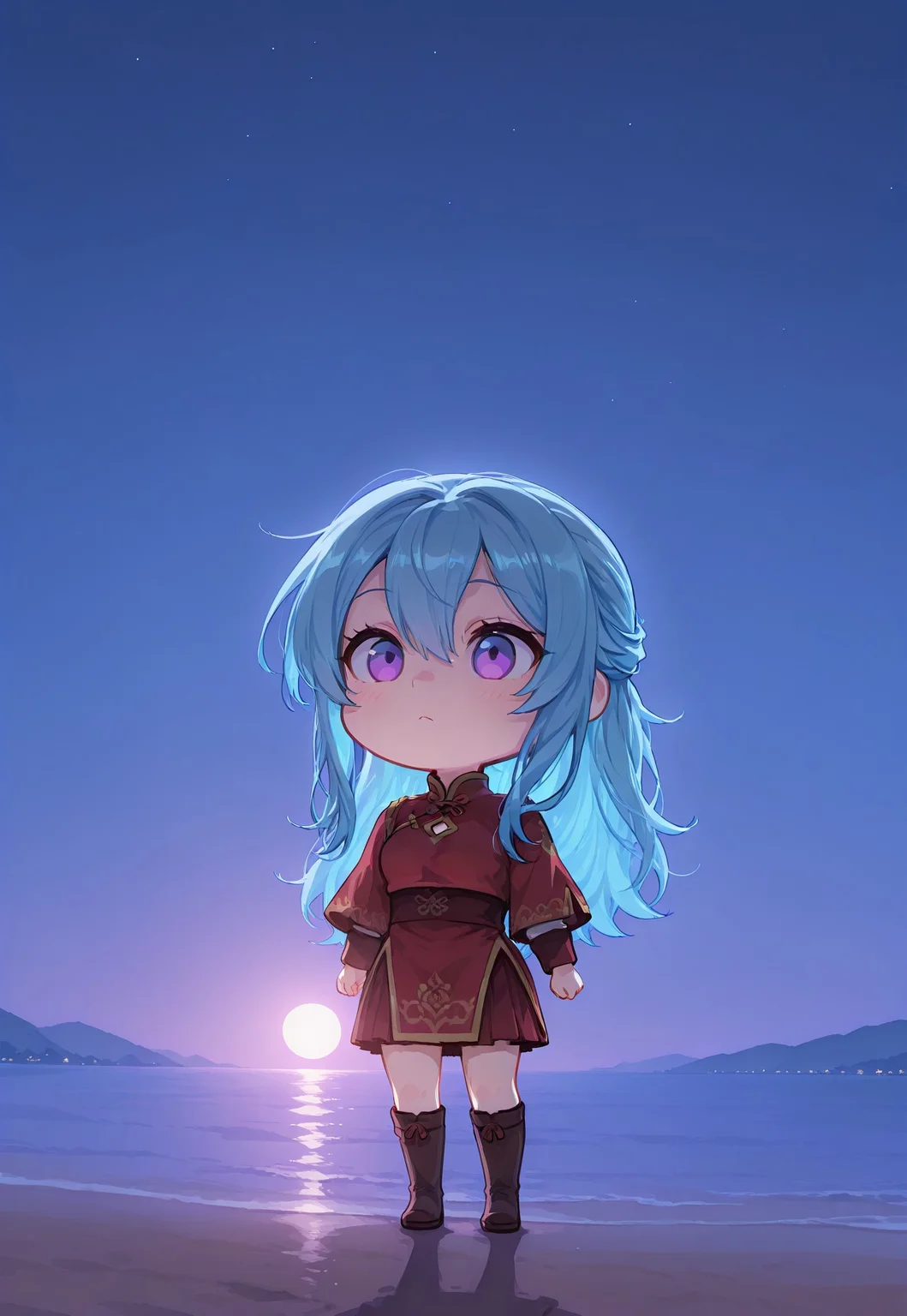 perfect quality, best quality, masterpiece, 1girl, solo, simple background, chibi, full body, <lora:chibistyleXLv11:1>, vivi-op, long hair, blue hair, purple eyes,starryscene, night time, night sky, outdoors, dynamic lighting, volumetric lighting
