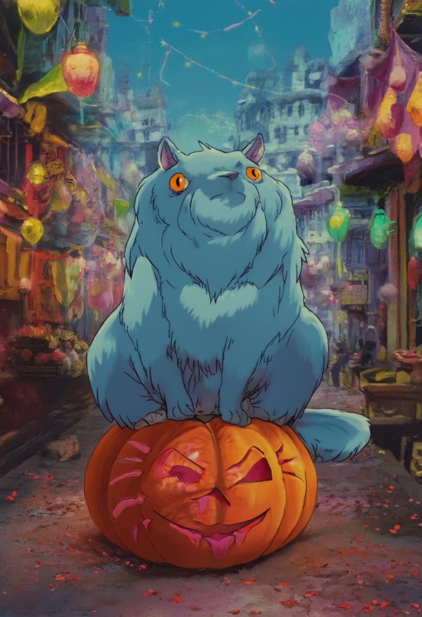 Depressed Colorful, Realistic, analog photo, very detailed, 4k, photo of a Halloween scene from the animated Studio Ghibli movie Spirited Away: A fluffy blue cat with piercing yellow eyes sits regally atop a carved pumpkin in a spooky Halloween festive marketplace. Surrounding it are vibrant lanterns and colorful fabrics fluttering in the breeze.