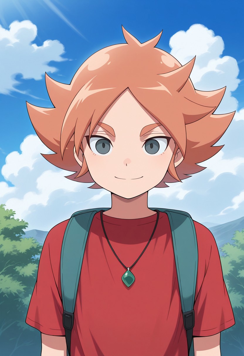 masterpiece,best quality,amazing quality, source_anime, 
FubukiAtsuya, 1boy, male focus, solo, grey eyes, orange hair, red t-shirt, backpack, necklace, smile,
outdoor, sky, day, clouds,