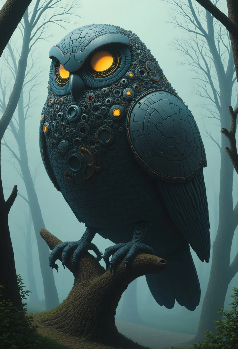 a massive mechanical owl with intricate gears and glowing eyes, perched on an old, twisted tree in a foggy forest, with steam rising softly from its metal wings, illustration in the style of CTILLUST