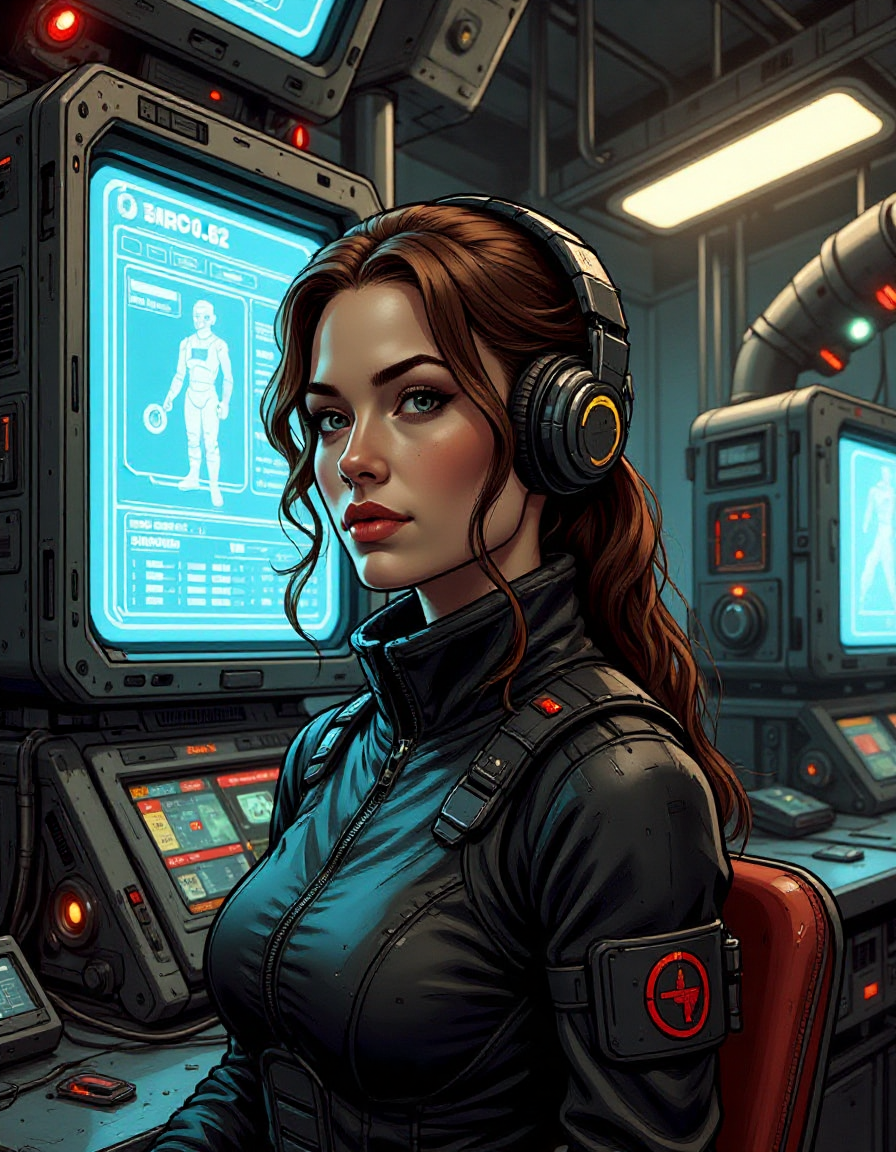 a sci-fi hero named Commander Bria Ursan in an underground bunker glowing monitors and analog switches metal baroque machinery light dust with background soldiers and scientists work computers