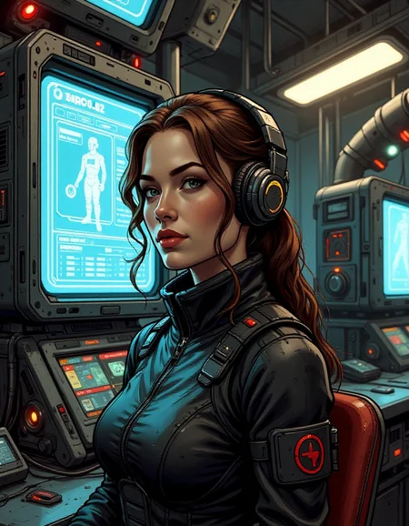 a sci-fi hero named Commander Bria Ursan in an underground bunker glowing monitors and analog switches metal baroque machinery light dust with background soldiers and scientists work computers