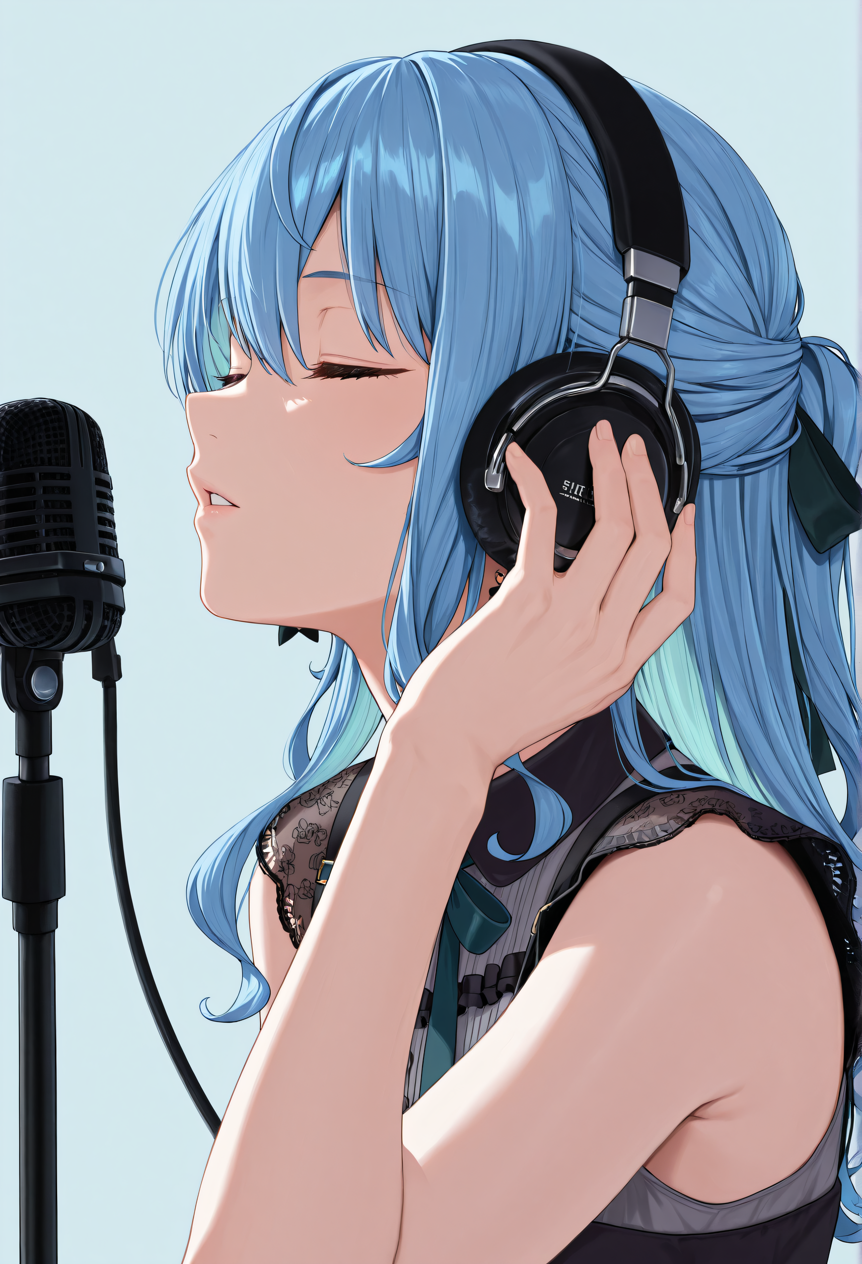 hoshimachi_suisei_(casual), long hair, half updo, black dress, collared dress, sleeveless, bow earrings, headphones, hand on headphone,
from side, microphone_stand, microphone, portrait, parted_lips, closed_eyes, light blue background, simple_background, masterpiece, absurdres