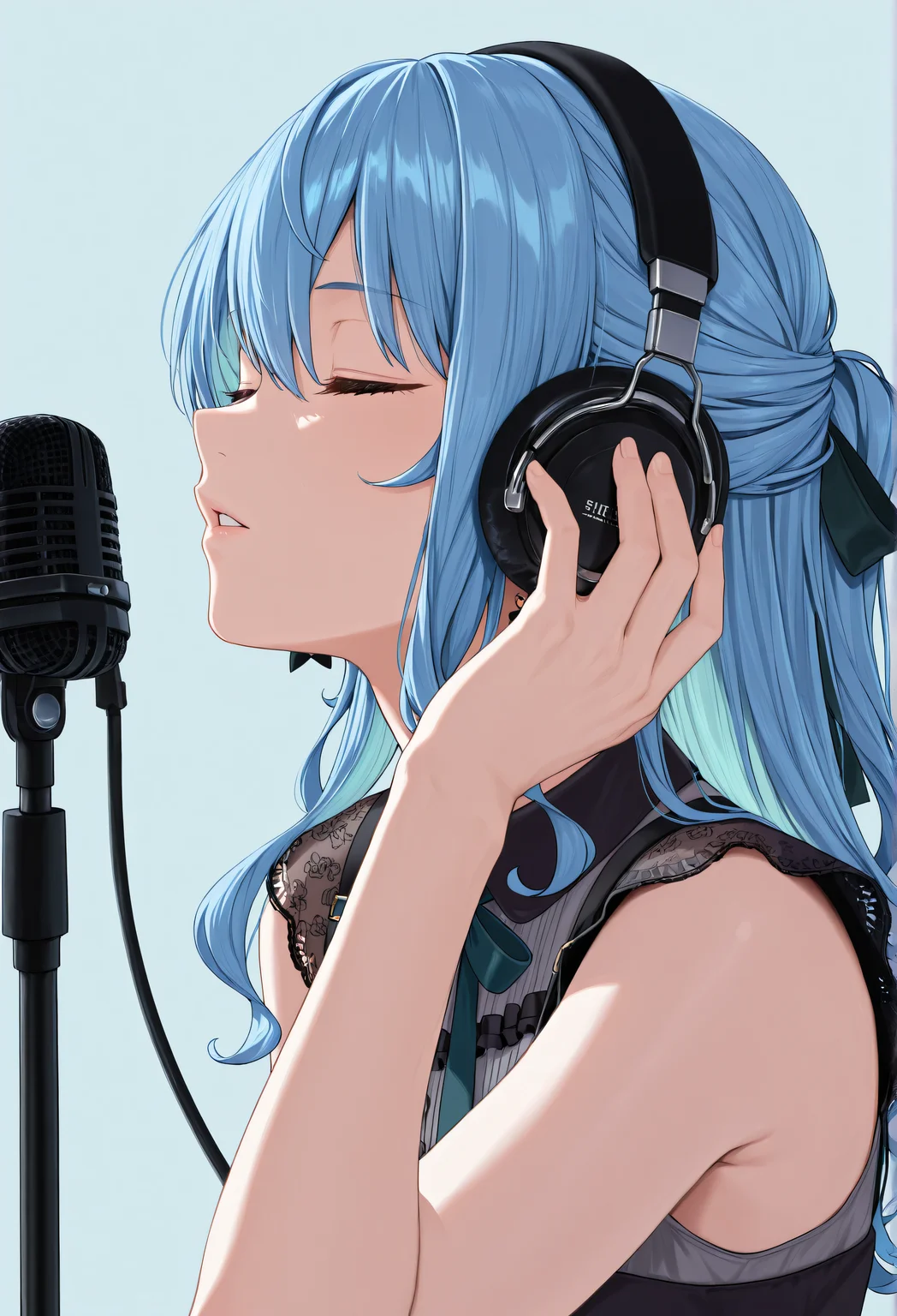 hoshimachi_suisei_(casual), long hair, half updo, black dress, collared dress, sleeveless, bow earrings, headphones, hand on headphone,
from side, microphone_stand, microphone, portrait, parted_lips, closed_eyes, light blue background, simple_background, masterpiece, absurdres