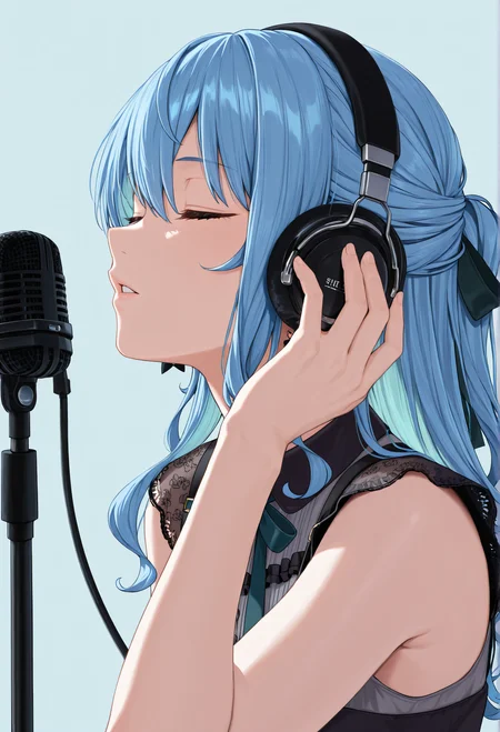 hoshimachi_suisei_(casual), long hair, half updo, black dress, collared dress, sleeveless, bow earrings, headphones, hand on headphone,
from side, microphone_stand, microphone, portrait, parted_lips, closed_eyes, light blue background, simple_background, masterpiece, absurdres