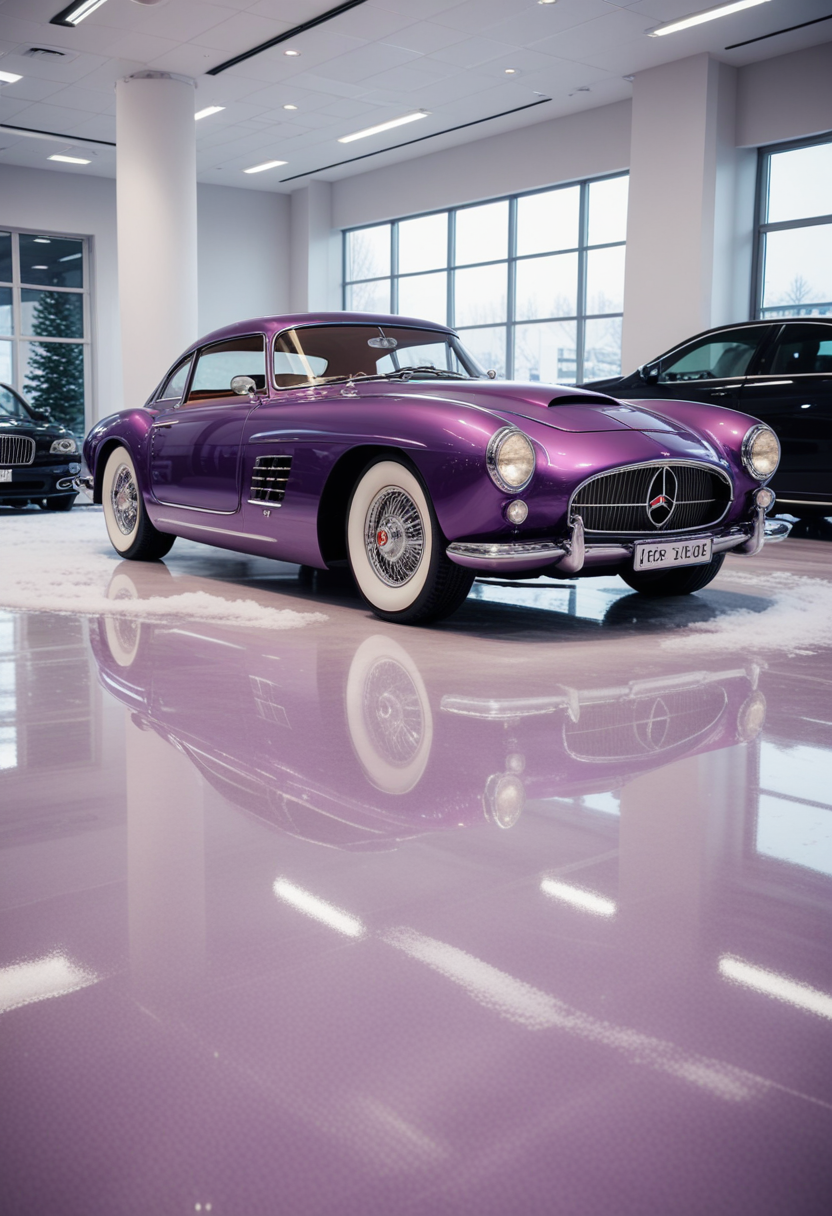 (medium full shot) of A vintage car with purple paint, sleek aerodynamic design, supercharger, low profile tires, fog lights, custom dashboard, custom exhaust,  parked in  a luxury car showroom, with polished floors, high-end vehicles, elegant design, in the snow, Masterpiece,best quality, photo, realistic, very aesthetic,