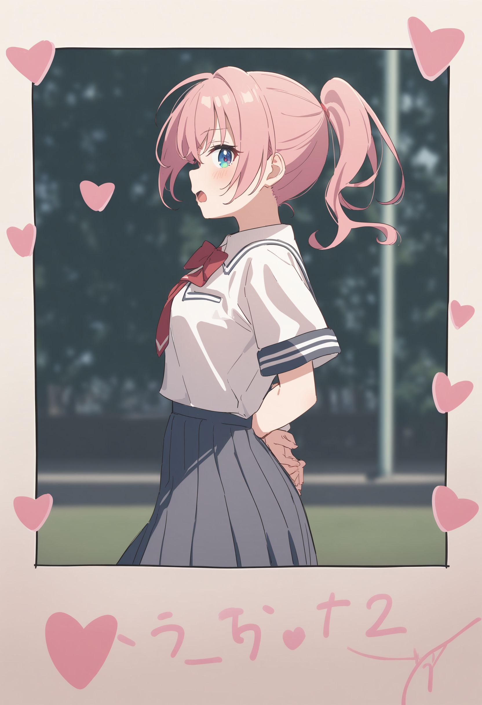 1girl,sincos, ningen mame, toosaka asagi,solo,medium breasts,school uniform,
polaroid, border, english text, character name, dated, artist name, signature,heart, twitter username,<lora:polaroid_XL_v1:0.8>
from side, wide shot, looking to the side, pink hair, heterochromia,troubled eyebrows, schoolyard, open mouth, front ponytail hair,,
best quality, very aesthetic, absurdres