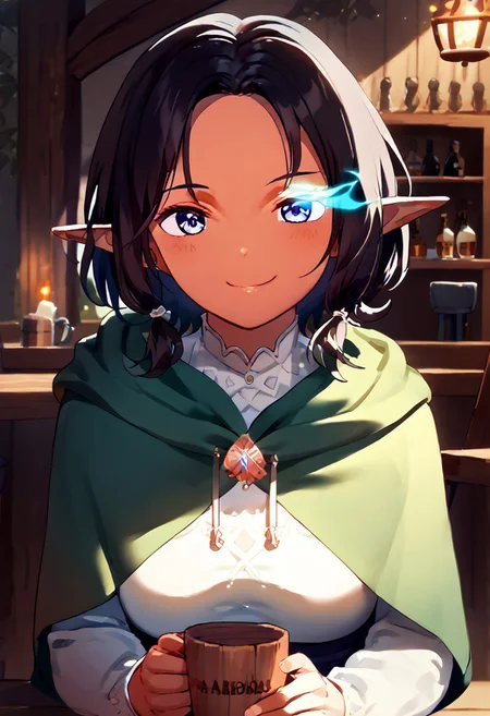 (score_9, score_8_up, score_7_up). 1girl, mature female <lora:age_slider_v4:0.6>, dark elf, pointy ears, dark skin, black hair, short hair, blue eyes, detail1eye, smile, blush, green hooded cloak, hood on, upper body, close up, frontal view, indoors, tavern, wood cup, <lora:tavern_cup:1>, (color) flaming eye, (best quality:1.2) , (high quality:1.1) <lora:add-detail-xl:0.5>, <lora:xl_more_art-full_v1:0.5>,