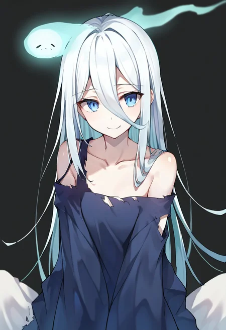score_9, score_8, score_7, source_anime, ghost girl, blue eyes, colored skin, bare shoulders, smile, collarbone, sleeves past wrists, long hair, torn clothes, pale skin, hair between eyes