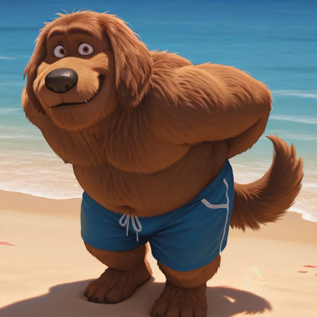 Duke(TSLoP), Solo, 1boy, anthro, dog, dog boy, brown fur, brown eyes, shaggy fur, dog tail, black nose, full body, looking at viewer, smile, standing, hands behind back, chubby figure, blue swimming trunks, beach setting,