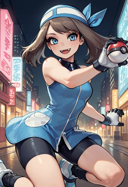 masterpiece, best quality, 1girl, eyelashes, (beautiful eyes), looking at viewer, smile, zzSapphire, blue eyes, brown hair, medium hair, gloves, fangs, bike shorts, black socks, blue bandana, solo, running pose, busy city street, blurred background, holding pokeball, (dynamic pose, foreshortening), ,<lora:SapphireBirchPokemon_IXL:1.0>,