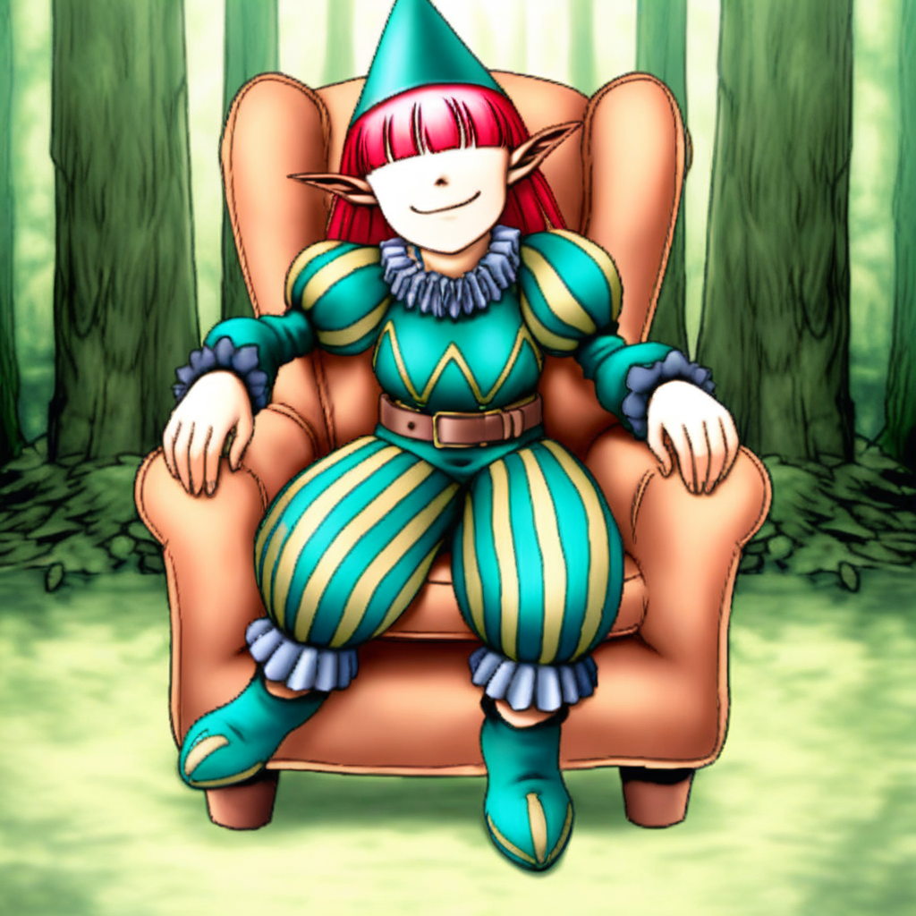 1girl,solo,red hair,bangs,hair over eyes,pointy ears,hat,ruff collar,shirt,puffy sleeves,belt,striped pants,shoes,sitting,facing viewer,looking at viewer,chair,forest,smirk