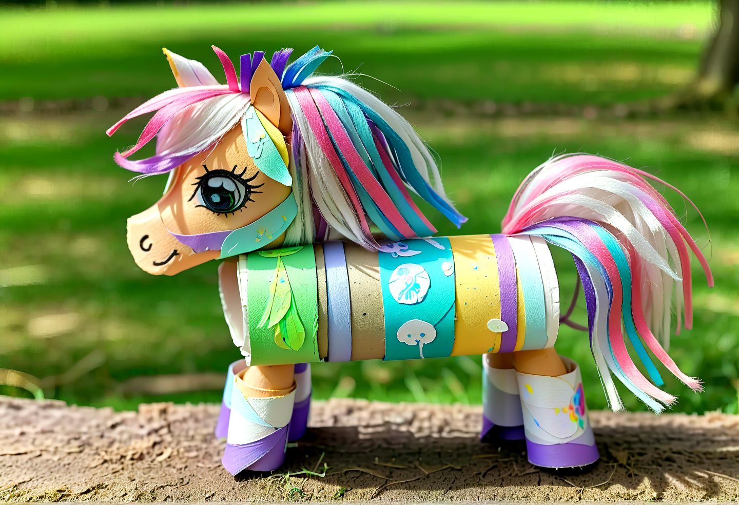Macro Photography my litle pony made of toilete paper roll, tprc style, in a park, clorfull, masterpice, 8k,,, Macro Photography, often for close-up views, small subjects, or detailed examination.