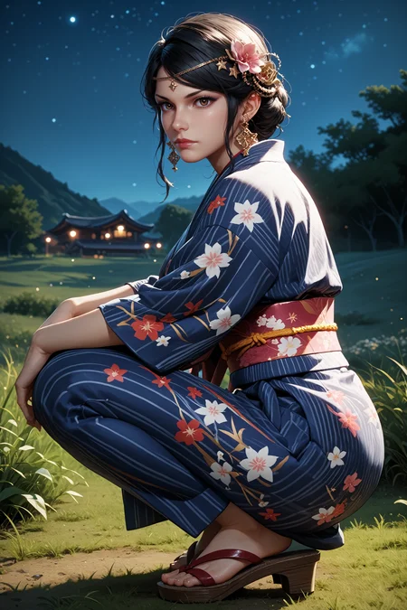 score_9, score_8_up, score_7_up,
<lora:TKZafina:0.8>
TKZafina, 1girl, black hair, brown eyes, jewelry, looking at viewer, night, grass, squatting, yukata, japanese clothes, floral print, obi, from side, looking at viewer, sandals, star \(sky\)