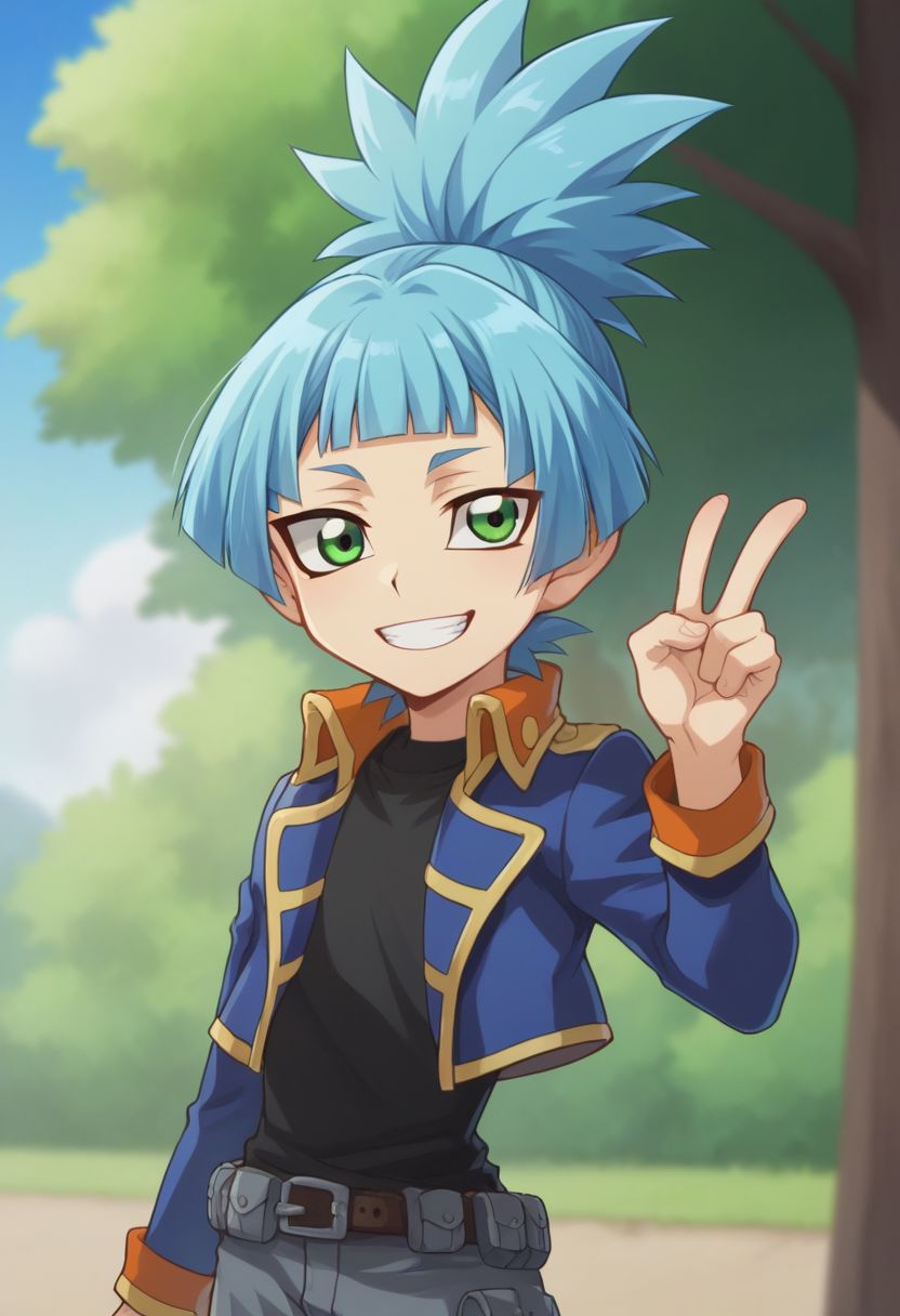 score_9, score_8_up, score_7_up, source_anime, highly detailed, 
sora, solo, 1boy, male focus, blue hair, blunt bangs,  jacket, ponytail, belt, spiked hair, shorts, open jacket, blue jacket, shirt, black shirt, long sleeves, upper body, smile, grin, green eyes, v sign,
outdoor, sky, tree