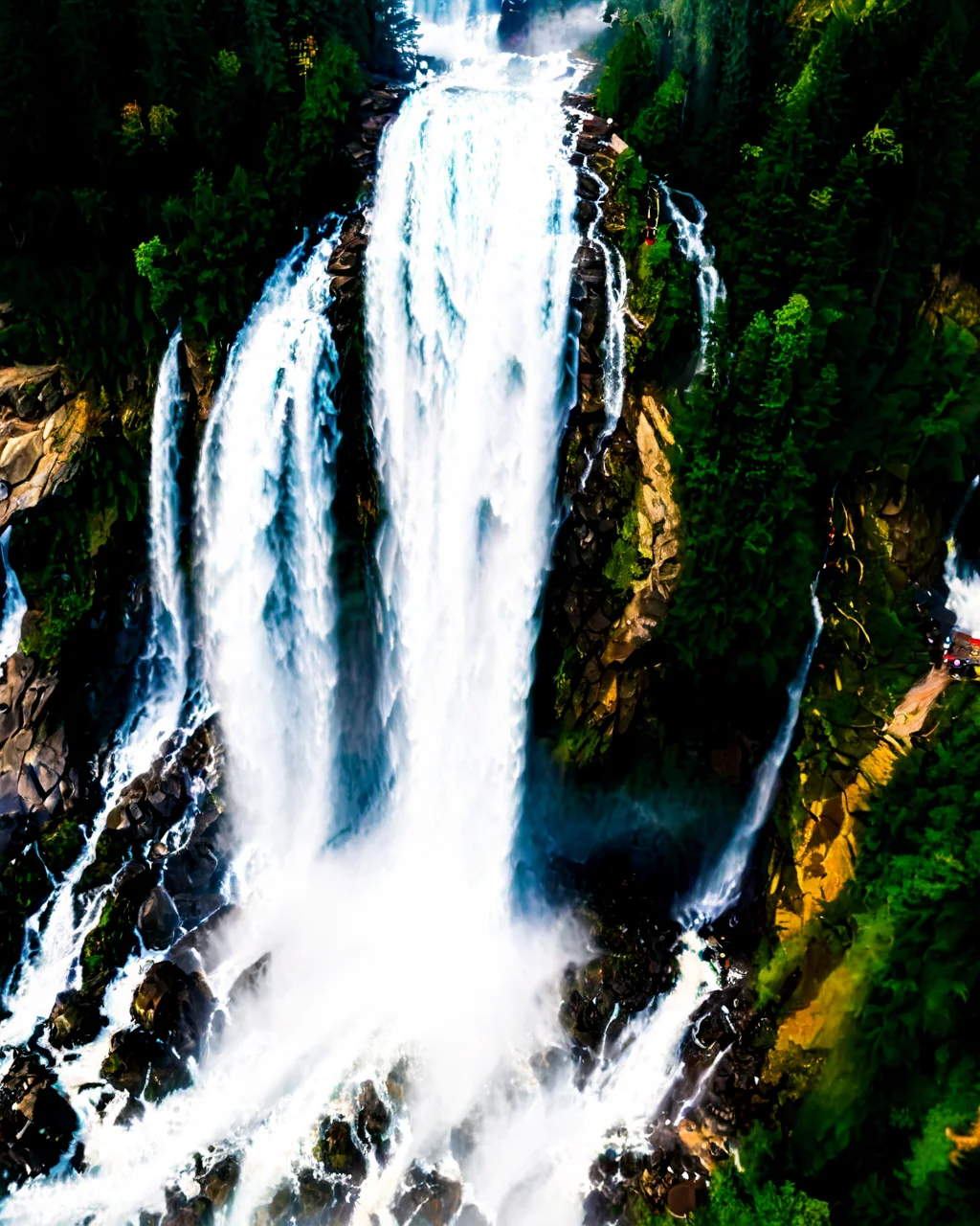 vertical perspective aerial photography, waterfall, mist, forest, nature, powerful_water_flow, <lora:sky:0.8>