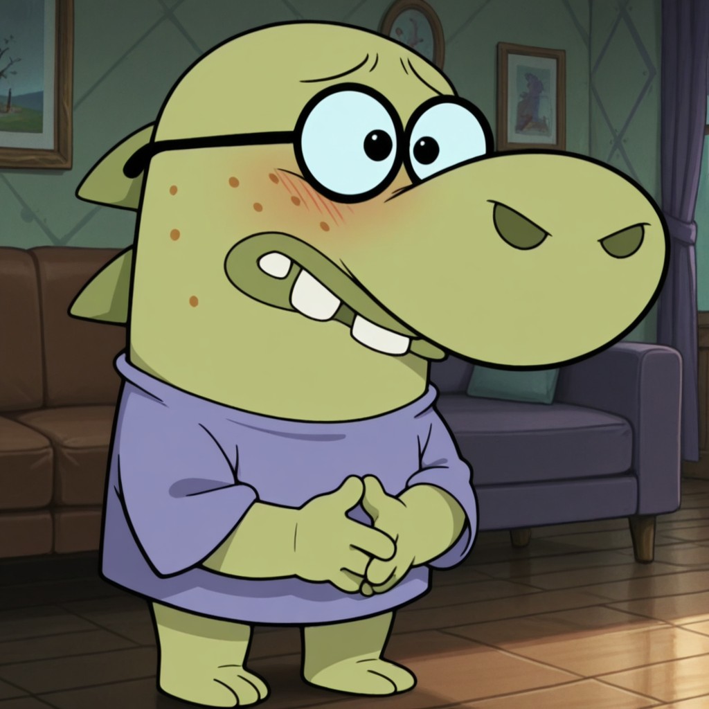masterpiece, best quality, amazing quality, official style, richard, male, furry male, anthro, solo, green skin, black eyes, buck teeth, freckles, big nose, spikes on back, short, purple shirt, glasses, standing, blush, furrowed brow, hands together, 
indoors, living room