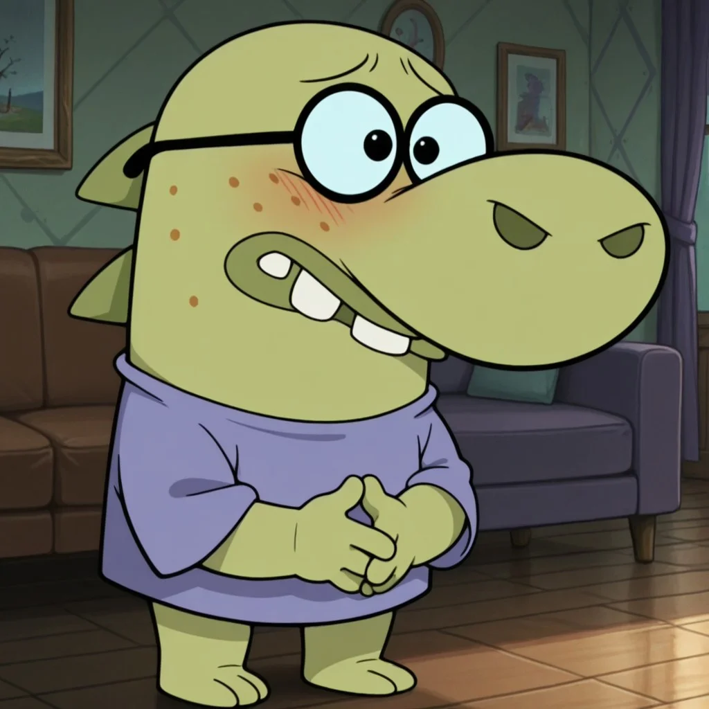 masterpiece, best quality, amazing quality, official style, richard, male, furry male, anthro, solo, green skin, black eyes, buck teeth, freckles, big nose, spikes on back, short, purple shirt, glasses, standing, blush, furrowed brow, hands together, 
indoors, living room