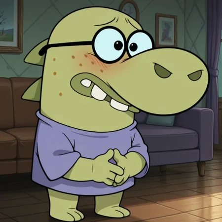 masterpiece, best quality, amazing quality, official style, richard, male, furry male, anthro, solo, green skin, black eyes, buck teeth, freckles, big nose, spikes on back, short, purple shirt, glasses, standing, blush, furrowed brow, hands together, 
indoors, living room