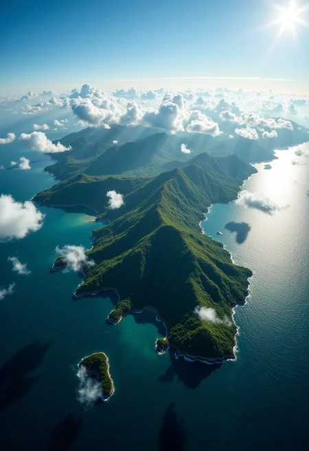 The image is an aerial view of planet earth with its continents in the middle of the ocean. The continents are surrounded by a vast expanse of blue water and is covered in green vegetation an mountains. The sky is filled with white clouds and the sun is shining brightly in the top right corner, creating a beautiful contrast with the bright blue sky. The ocean is a deep blue-green color and there are several small islands scattered throughout the image. The overall mood of the image is peaceful and serene. flrlizer