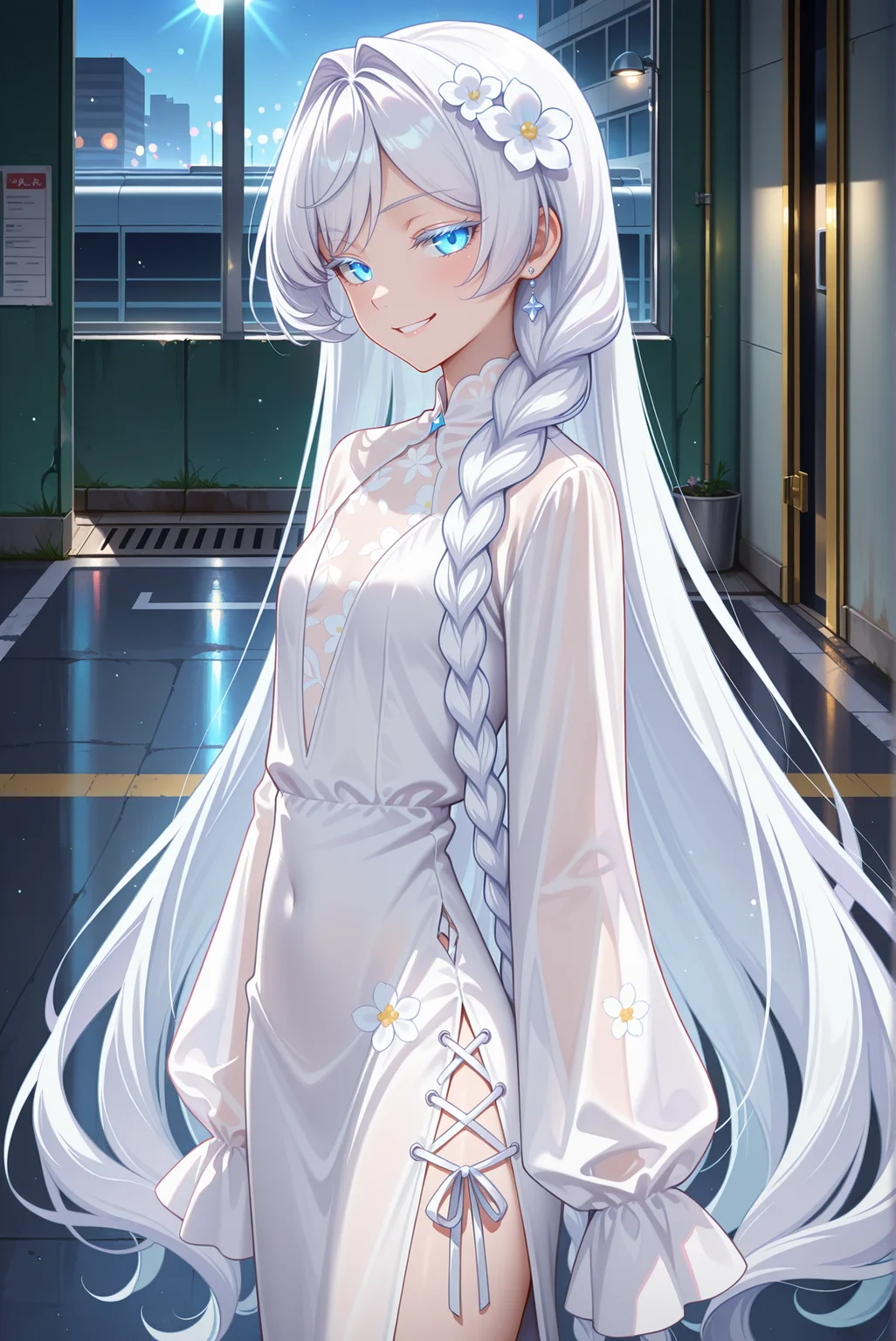 masterpiece, best quality, anime, 2d, 1girl, (slender), (anime screencap:1.2), (small breasts), solo, <lora:Hweiss-ILXL-V2:1> hweiss
BREAK (white hair, very long hair, white flower, hair flower, braided sidelock, colored eyelashes), (colored skin, pale skin) indoors, (parking lot:1.4)
BREAK (white dress, cleavage cutout, see-through cleavage, flower print cleavage, cross-laced slit, long sleeves, sleeves past fingers, white footwear, long dress), boots,
BREAK (looking at viewer, cowboy shot, standing, arms at sides, from side:1.2), (smirk, grin, light blue eyes, glowing eyes),
BREAK <lora:RealisticAnimeIXL:0.5>, bokeh, dim lighting,