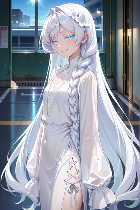 masterpiece, best quality, anime, 2d, 1girl, (slender), (anime screencap:1.2), (small breasts), solo, <lora:Hweiss-ILXL-V2:1> hweiss
BREAK (white hair, very long hair, white flower, hair flower, braided sidelock, colored eyelashes), (colored skin, pale skin) indoors, (parking lot:1.4)
BREAK (white dress, cleavage cutout, see-through cleavage, flower print cleavage, cross-laced slit, long sleeves, sleeves past fingers, white footwear, long dress), boots,
BREAK (looking at viewer, cowboy shot, standing, arms at sides, from side:1.2), (smirk, grin, light blue eyes, glowing eyes),
BREAK <lora:RealisticAnimeIXL:0.5>, bokeh, dim lighting,