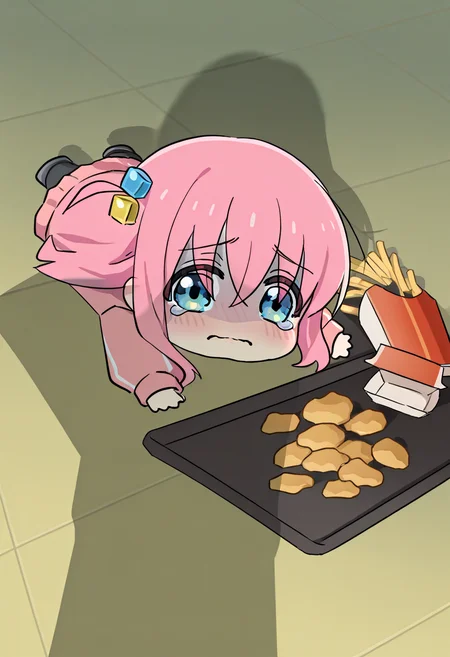 (masterpiece, high quality, amazing detail), highres, apu spills his tendies (meme), gotoh hitori, 1girl, chibi, small, solo, looking at viewer, blush, lying, food, tears, crying, on stomach, tray, tearing up, french fries, tripping, fallen down, shadow,  <lora:apu_spills_his_tendies_meme:1>