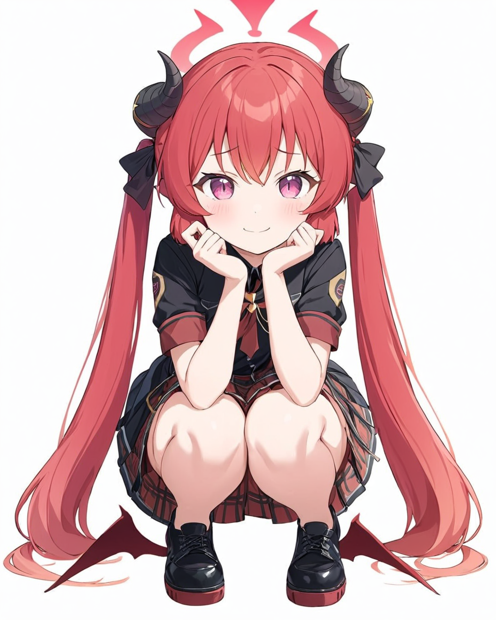 junko \(blue archive\),1girl, squatting, solo, halo, horns, twintails, red_skirt, looking_at_viewer, black_footwear, short_sleeves, full_body, red_wings, pleated_skirt, closed_mouth, blush, white_background, black_shirt, low_wings, smile, plaid_skirt, shoes, looking_to_the_side, simple_background, index_finger_raised, fang, slit_pupils
<lora:junko_(blue_archive)_image691_2023-11-28-000012:1>halo. gorgeous,key visual, vibrant, studio anime,award-winning, professional, highly detailed,high budget, cinemascope