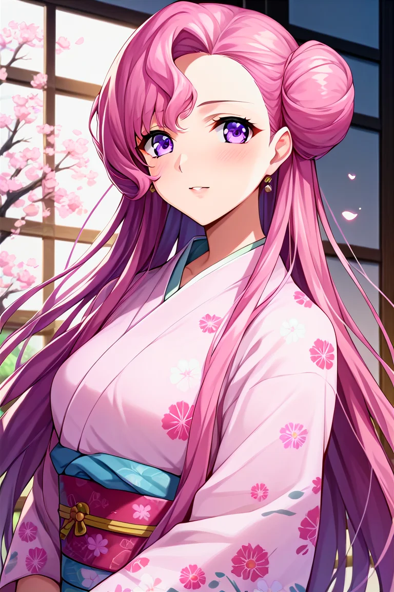 score_9, score_8_up, score_7_up, score_6_up, score_5_up, score_4_up, rating_questionable, , source_anime, digital illustration, pixiv, fanbox, uncensored, , BREAK, official art,
1girl, female, euphemia li britannia, pink hair, long hair, purple eyes, double bun,
kimono, japanese clothes, printed, floral print, japanese background,, blush, looking at viewer, cowboy shot, colorful, vivid,<lora:Euphemia_li_Britannia_XL:0.8>