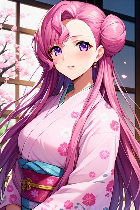 score_9, score_8_up, score_7_up, score_6_up, score_5_up, score_4_up, rating_questionable, , source_anime, digital illustration, pixiv, fanbox, uncensored, , BREAK, official art,
1girl, female, euphemia li britannia, pink hair, long hair, purple eyes, double bun,
kimono, japanese clothes, printed, floral print, japanese background,, blush, looking at viewer, cowboy shot, colorful, vivid,<lora:Euphemia_li_Britannia_XL:0.8>