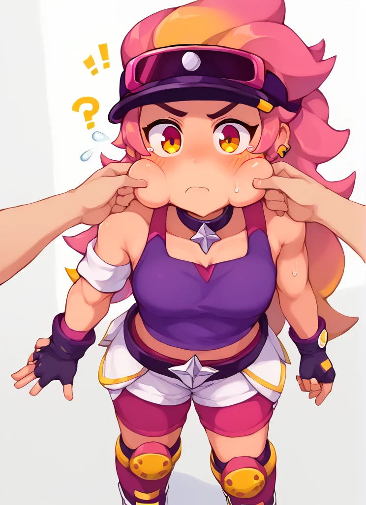 score_9, score_8_up, score_7_up, <lora:boamber:1>boamber ,1 girl , multicolored hair, long hair ,purple tank top, belt, yellow knee pads, shorts , skirt, shorts under skirt, visor cap, pink headwear, fingerless gloves, , confused, white Arm band, ??? ,sweat, blush,, cheek pinching, pov hands , puffy cheeks <lora:PinchingPOVBothHands_XLPD:1>