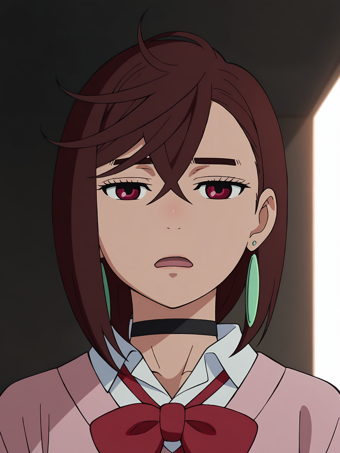 <lora:Momo_Ayase:0.8>, momo_ayase, 1girl, solo, short brown hair, red eyes, green earrings, black choker, pink sweater, red necktie, white collared shirt, upper body, half-closed eyes, disappointed, open mouth, looking at viewer, dramatic lighting, side lighting