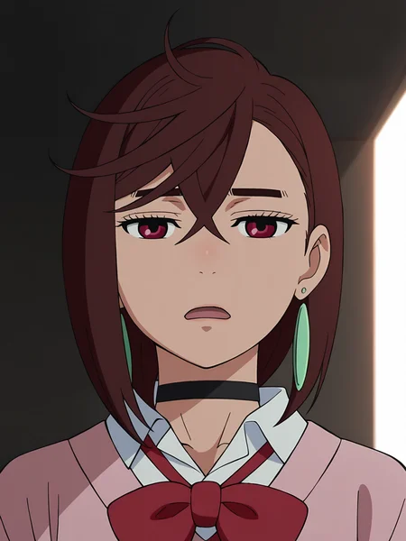 <lora:Momo_Ayase:0.8>, momo_ayase, 1girl, solo, short brown hair, red eyes, green earrings, black choker, pink sweater, red necktie, white collared shirt, upper body, half-closed eyes, disappointed, open mouth, looking at viewer, dramatic lighting, side lighting