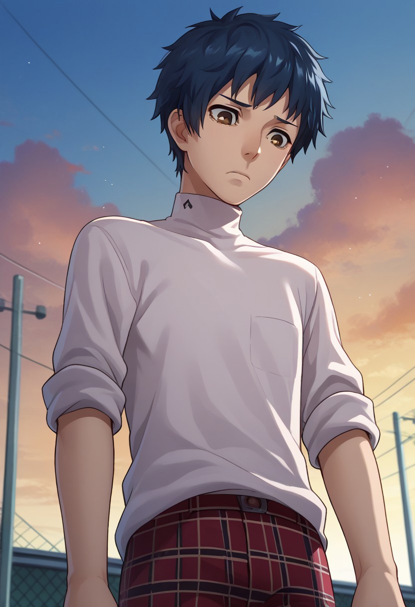 score_9, score_7_up, source_anime, 
mishima, 1boy, male focus, solo, brown eyes, blue hair, short hair, school uniform, shirt, white shirt, turtleneck, sleeves rolled up, pants, plaid, plaid pants, looking down, sad,
outdoor, sky