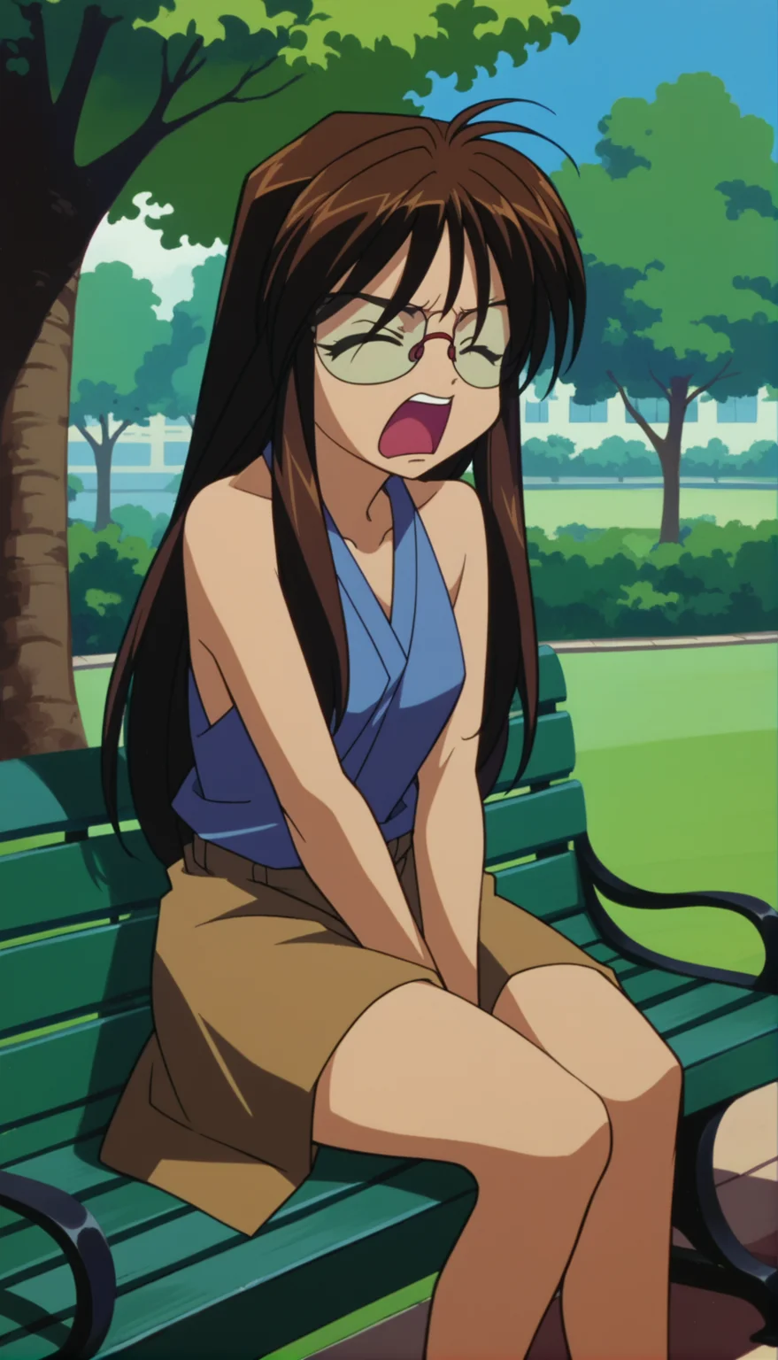 score_9,score_8_up,score_7_up,Nikaido Yoriko Pony,1990s \(style\),1girl,solo,brown hair,glasses,long hair,closed eyes,open mouth,arms_crossed,halterneck,miniskirt,<lora:Nikaido Yoriko Pony:0.9>,park,park bench,sitting,tsundere,