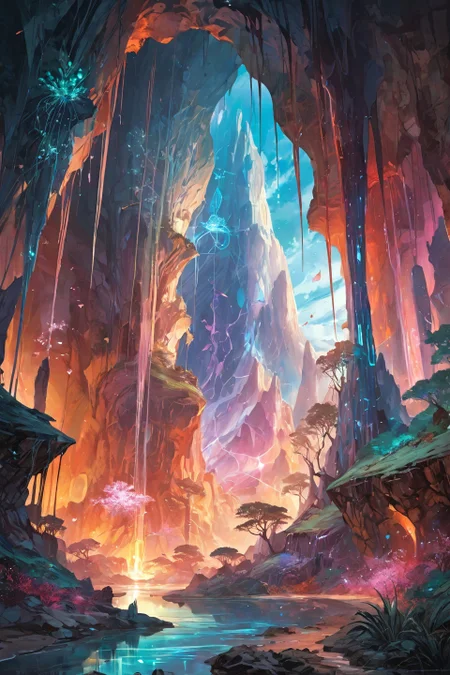 Landscape,Landscape creator,A Crack in Realityto other world, A cave system breathing through crystal lungs stalactites dripping liquid mathematics, sky fracturing into stained glass panes, Vines bearing petals containing miniature ecosystems, eruptions synchronized with planetary alignments, thermals carrying disintegrating hieroglyphs, Art painting by Ross Tran and Kentaro Miura and Ralph Horsley, featured on Jason de Graaf,,
<lora:extremely_detailed:0.7> extremely detailed ,
<lora:add-detail-xl:0.7>,
<lora:softdigital2x2:0.15>,
<lora:EpicF4nta5yXL:0.3>,, Magic realism painting art style, surreal compositions, vibrant colors, blurs the line between reality and fantasy