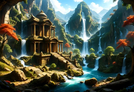 cinematic still Fantasy still The Lost valley, midday, ral-fntsyrlms, (old temple:1.1), waterfall, volumetric light . emotional, harmonious, vignette, 4k epic detailed, shot on kodak, 35mm photo, sharp focus, high budget, cinemascope, moody, epic, gorgeous, film grain, grainy, HDR photo of Fantasy still The Lost valley, midday, ral-fntsyrlms, (old temple:1.1), waterfall, volumetric light . High dynamic range, vivid, rich details, clear shadows and highlights, realistic, intense, enhanced contrast, highly detailed, ethereal fantasy concept art of Fantasy still The Lost valley, midday, ral-fntsyrlms, (old temple:1.1), waterfall, volumetric light . magnificent, celestial, ethereal, painterly, epic, majestic, magical, fantasy art, cover art, dreamy, Fantasy still The Lost valley, midday, ral-fntsyrlms, (old temple:1.1), waterfall, volumetric light, elegant, highly detailed, extremely complex, focused, iconic, deep aesthetic, cinematic, intricate, very beautiful, stunning, epic, striking, rich colors, amazing, inspiring, thought, elite, surreal, extraordinary
