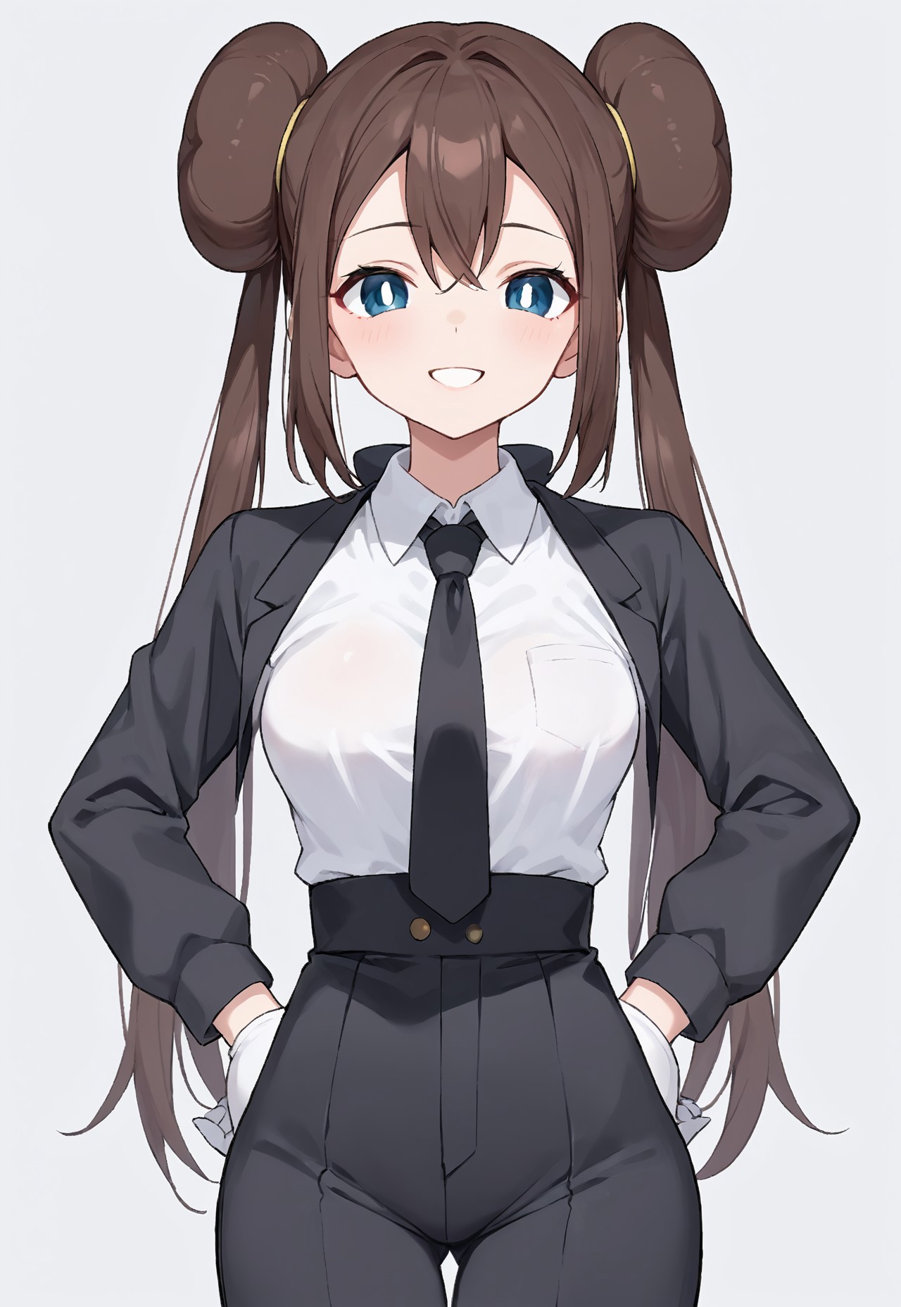 safe_pos, score_9, score_8_up, score_7_up, solo, 1girl, Rosa_(Pokemon), blue_eyes, white_pupils, brown_hair, long_hair, double_bun, twintails, medium_breasts, forma, collared_shirt, black_jacket, white_gloves, hands_on_own_hips, smile, looking_at_viewer, simple_background, white_background, white_shirt, black_pants, black_necktie,