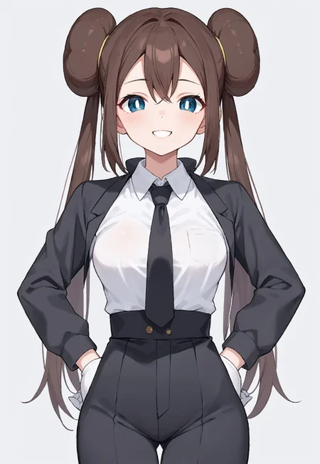 safe_pos, score_9, score_8_up, score_7_up, solo, 1girl, Rosa_(Pokemon), blue_eyes, white_pupils, brown_hair, long_hair, double_bun, twintails, medium_breasts, forma, collared_shirt, black_jacket, white_gloves, hands_on_own_hips, smile, looking_at_viewer, simple_background, white_background, white_shirt, black_pants, black_necktie,