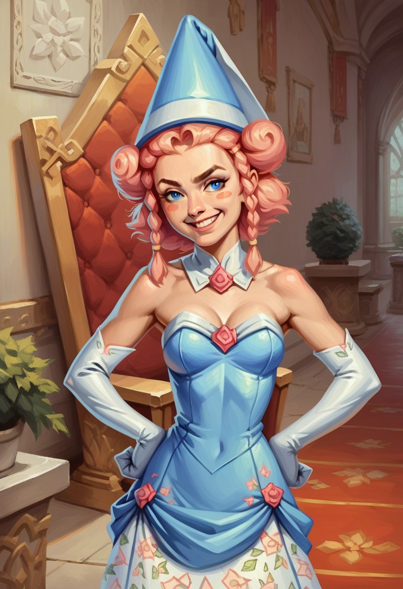 score_9_up, score_8_up, score_7_up, score_6_up, 1girl, solo, Pr1ncess_B, pink hair, blue eyes, twin braids, blue headwear, strapless blue dress, floral print, white elbow gloves, blush stickers, adult, (painted art), standing, indoors, throne room, hands on hips, smug smile, (realistic, painted art)