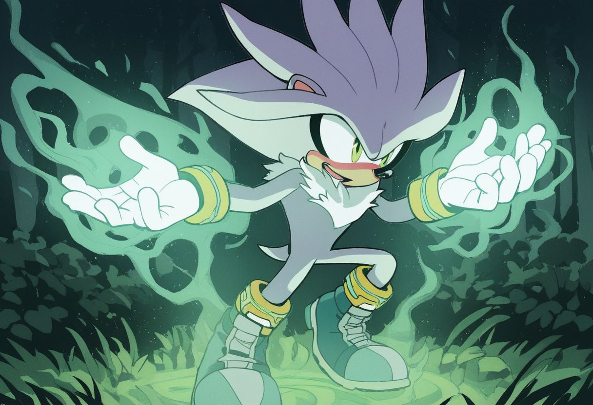 score_9, score_8_up, score_7_up, score_6_up, score_5_up, score_4_up, 1boy, s1lv3r, full body, forest, night, hands up, glowing, aura, intricate details, detailed eyes, glowing, aura, full shot, masterpiece, furry, hedgehog, white fur