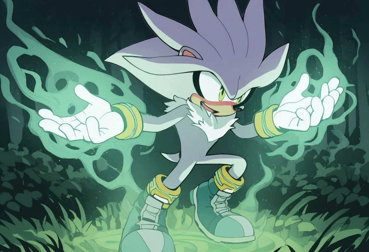 score_9, score_8_up, score_7_up, score_6_up, score_5_up, score_4_up, 1boy, s1lv3r, full body, forest, night, hands up, glowing, aura, intricate details, detailed eyes, glowing, aura, full shot, masterpiece, furry, hedgehog, white fur
